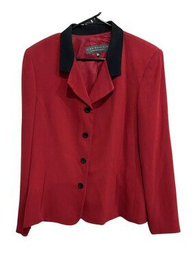 Alex Garfield Sz 14 Red Blazer Top Black Collar Button Closure Office Modern